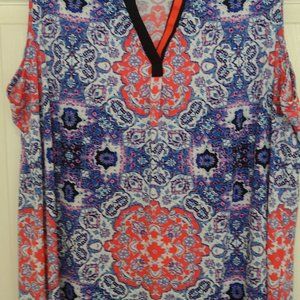 Susan Graver Printed Liquid Knit Sleeveless Split Neck Top XL